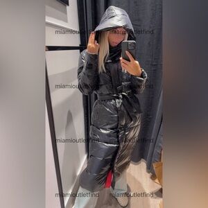 Karl Lagerfeld Women’s Long Puffer Coat Black Down Blend Belted New